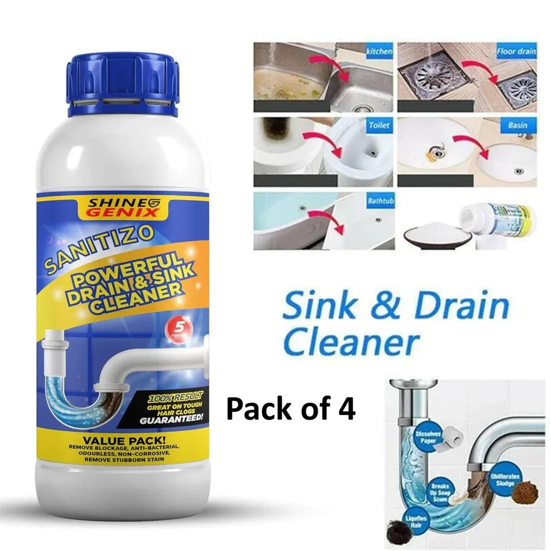 SANITIZO POWERFUL DRAIN & SINK CLEANER POWDER (PACK OF 4)